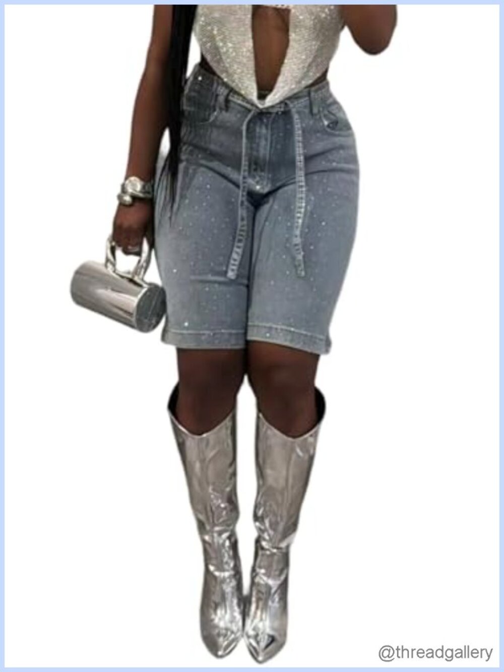 Y2K Pearl Rhinestone Baggy Denim Bermuda Shorts High Waisted Knee Length
